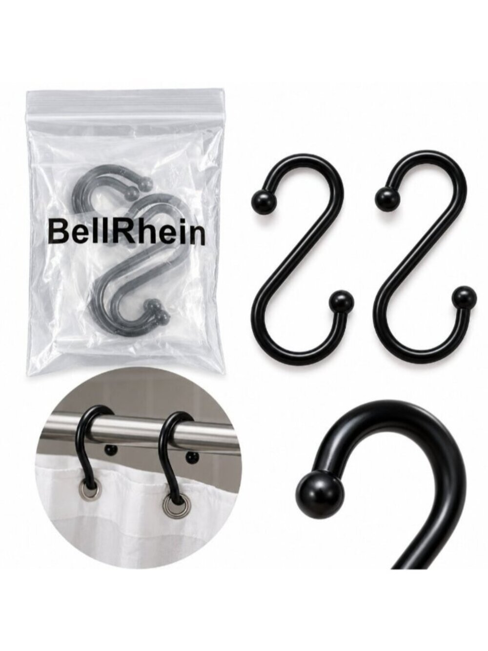 BellRhein Black Metal Shower Curtain Hooks S Hooks 12 Pc Bathroom Hardware NWOT